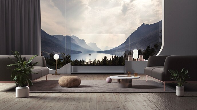 Das LG SIGNATURE OLED 8K-Fernsehgerät befindet sich im Wohnzimmer mit einer schönen natürlichen Szene hinter dem Fenster und auch auf dem Fernsehbildschirm.