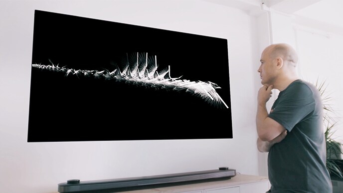 Der bildende Künstler Matt Clark starrt LG SIGNATURE OLED TV W an.