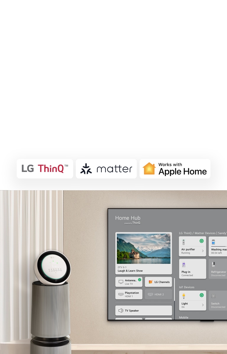 Logo von LG ThinQ™, Matter und Apple Home.   Ein LG TV an der Wand und links ein LG Puricare™ Objet Collection 360°. Der TV zeigt das Home Hub. Ein Cursor klickt auf «Air Purifier» und LG die Puricare™ Objet Collection 360° wird aktiviert. 