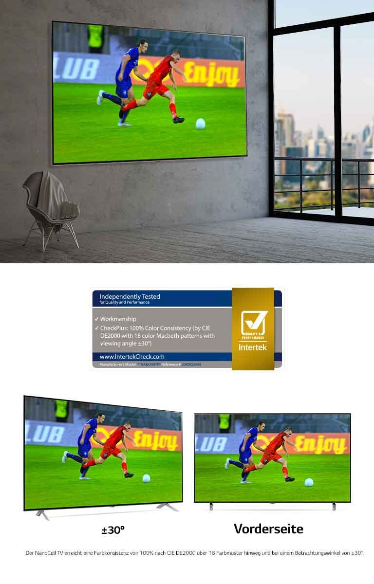 Ein grosser Flachbildfernseher, montiert an einer grauen Wand. Der Bildschirm zeigt zwei Fussballspieler inmitten eines Spiels.