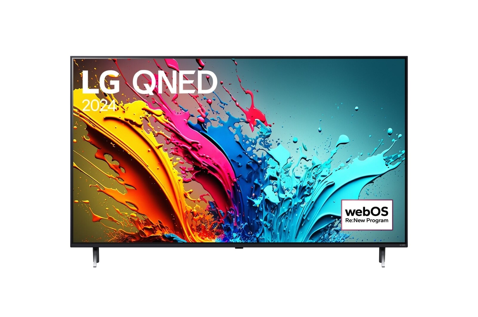 Ansicht der Vorderseite des LG QNED TV, QNED85 mit Text LG QNED und 2024 auf dem Bildschirm