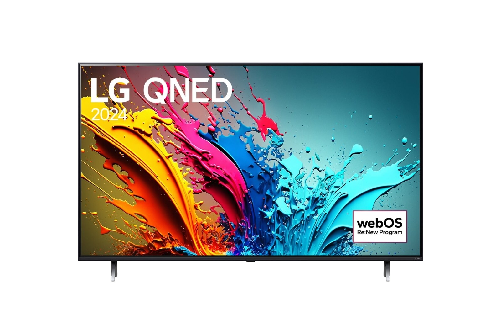 Ansicht der Vorderseite des LG QNED TV, QNED85 mit Text LG QNED und 2024 auf dem Bildschirm