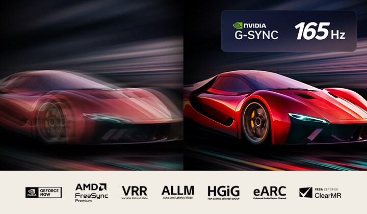 Zwei Bilder eines Autos in einem Videospiel nebeneinander. Das eine zeigt eine Bewegungsunschärfe. Das andere ist scharf und fokussiert und zeigt die hohe Bildwiederholrate des LG OLED-Fernsehers. Das Nvidia G-Sync-Logo, das 165Hz-Logo und andere relevante Zertifizierungen sind sichtbar. 
