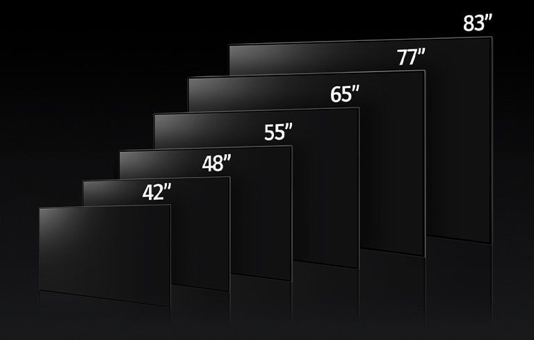 Ein Bild, auf dem die verschiedenen Grössen der LG OLED evo TV C3-Serie verglichen werden - mit 42 Zoll, 48 Zoll, 55 Zoll, 65 Zoll, 77 Zoll und 83 Zoll.