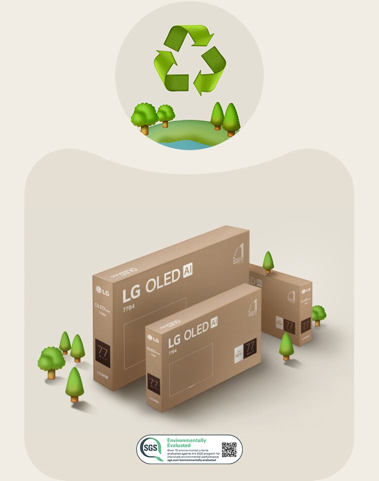 LG OLED-Verpackung vor einem beigen Hintergrund mit illustrierten Bäumen.