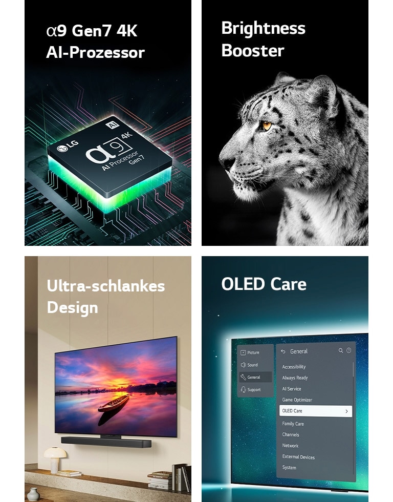 Wir sehen den alpha 9 Gen7 4K AI-Prozessor von LG auf einem Motherboard, der grüne Lichtblitze ausstrahlt.  Brightness Booster mit seitlichem Gesichtsbild eines weissen Leoparden.  Ultra-schlank und LG Soundbar-fähig; fach an der Wand eines modernen Wohnraums angebracht.  OLED TV mit dem OLED Care-Menü ist im Support-Menü oben auf dem Bildschirm ausgewählt.