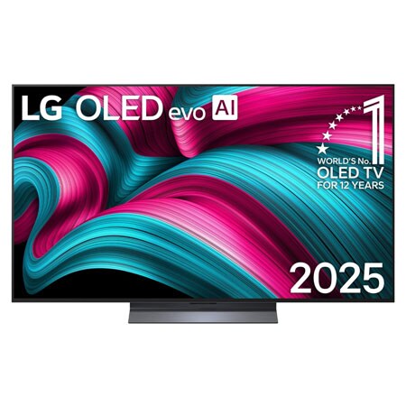 Frontansicht des LG OLED evo AI C5 4K Smart TV. Ein "12 Years of world number 1 OLED"-Emblem und das "LG OLED AI 2025"-Logo sind auf dem Bildschirm zu sehen.