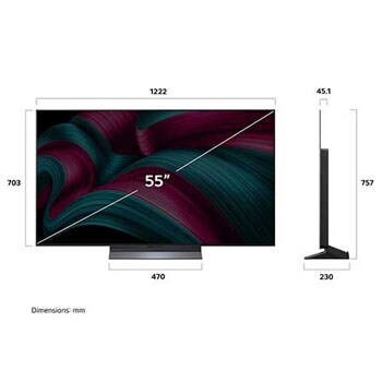 Frontansicht und Seitenansicht des LG OLED evo AI C5 4K Smart TV mit den Abmessungen der Länge, Breite, Höhe und Tiefe.