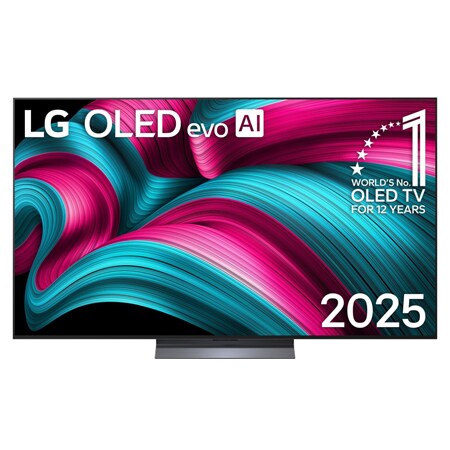 Frontansicht des LG OLED evo AI C5 4K Smart TV. Ein "12 Years of world number 1 OLED"-Emblem und das "LG OLED AI 2025"-Logo sind auf dem Bildschirm zu sehen.