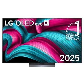 Frontansicht des LG OLED evo AI C5 4K Smart TV. Ein "12 Years of world number 1 OLED"-Emblem und das "LG OLED AI 2025"-Logo sind auf dem Bildschirm zu sehen.