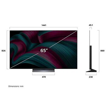 Frontansicht und Seitenansicht des LG OLED evo AI C5 4K Smart TV mit den Abmessungen der Länge, Breite, Höhe und Tiefe.