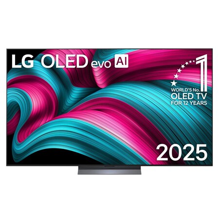 Frontansicht des LG OLED evo AI C5 4K Smart TV. Ein "12 Years of world number 1 OLED"-Emblem und das "LG OLED AI 2025"-Logo sind auf dem Bildschirm zu sehen.