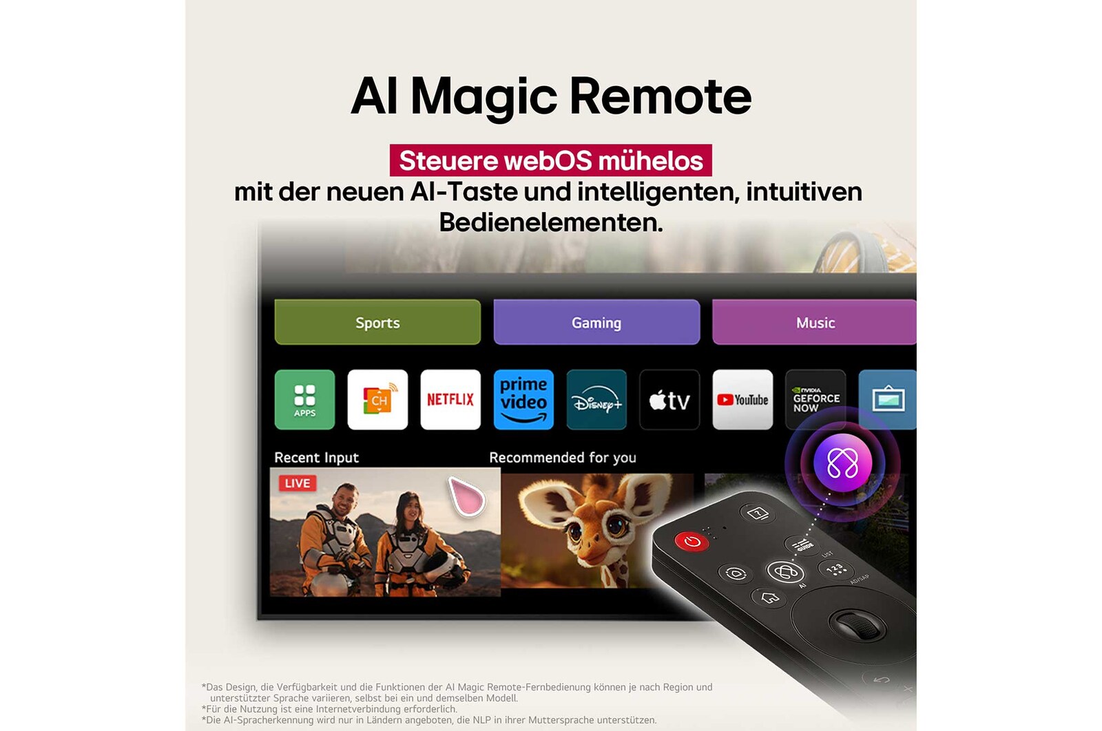 Auf dem Bildschirm eines LG OLED-Fernsehers befindet sich die webOS 25-Startseite, die mit Apps und Unterhaltungsinhalten gefüllt ist. Neben dem Fernseher befindet sich die LG AI Magic Remote-Fernbedienung. Der AI Button ist hervorgehoben, als ob sie durch die Stimme des Benutzers aktiviert wurde. Daneben befindet sich eine Sprechblase, die auf "Mein Profil" umschaltet. Der kurze Text erklärt, wie Nutzer nun ihre Stimme mit ihrem persönlichen Profil synchronisieren können, um eine einfachere Navigation und personalisierte Empfehlungen zu erhalten.