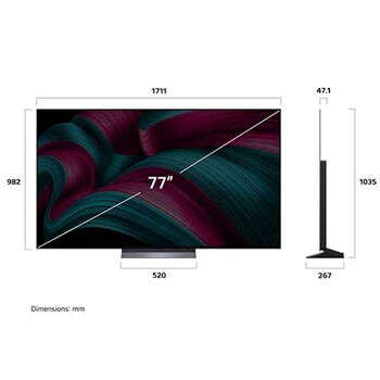 Frontansicht und Seitenansicht des LG OLED evo AI C5 4K Smart TV mit den Abmessungen der Länge, Breite, Höhe und Tiefe.