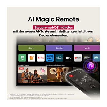 Auf dem Bildschirm eines LG OLED-Fernsehers befindet sich die webOS 25-Startseite, die mit Apps und Unterhaltungsinhalten gefüllt ist. Neben dem Fernseher befindet sich die LG AI Magic Remote-Fernbedienung. Der AI Button ist hervorgehoben, als ob sie durch die Stimme des Benutzers aktiviert wurde. Daneben befindet sich eine Sprechblase, die auf "Mein Profil" umschaltet. Der kurze Text erklärt, wie Nutzer nun ihre Stimme mit ihrem persönlichen Profil synchronisieren können, um eine einfachere Navigation und personalisierte Empfehlungen zu erhalten.