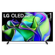 Vorderansicht mit dem LG OLED evo „11 Years World No.1“-OLED-Logo und Logo für 5 Jahre Garantie auf das Display auf dem Bildschirm