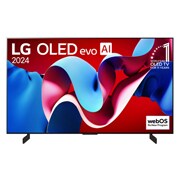 Vorderansicht mit LG OLED evo TV und OLED C4, Emblem 11 Years of number 1 OLED und Logo von webOS Re:New Program am Bildschirm