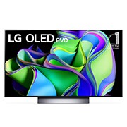 Vorderansicht mit dem LG OLED evo „11 Years World No.1“-OLED-Logo und Logo für 5 Jahre Garantie auf das Display auf dem Bildschirm