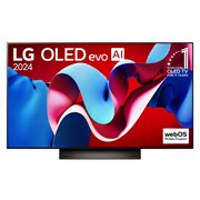 Vorderansicht mit LG OLED evo TV und OLED C4, Emblem 11 Years of number 1 OLED und Logo von webOS Re:New Program am Bildschirm