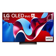 Vorderansicht mit LG OLED evo TV und OLED C4, Emblem 11 Years of number 1 OLED und Logo von webOS Re:New Program am Bildschirm