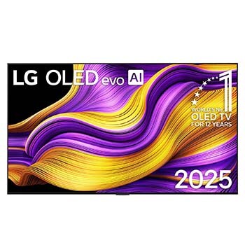 Vorderansicht des LG OLED evo AI G5 4K Smart TV. OLED-Emblem „12 Years of world number“ und LG OLED evo AI 2025-Logo sind auf dem Bildschirm zu sehen.