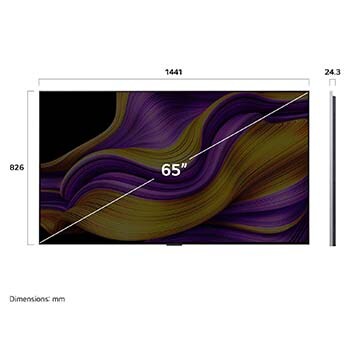 Frontansicht und Seitenansicht des LG OLED evo AI G5 4K Smart TV mit den Abmessungen Länge, Breite, Höhe und Tiefe.