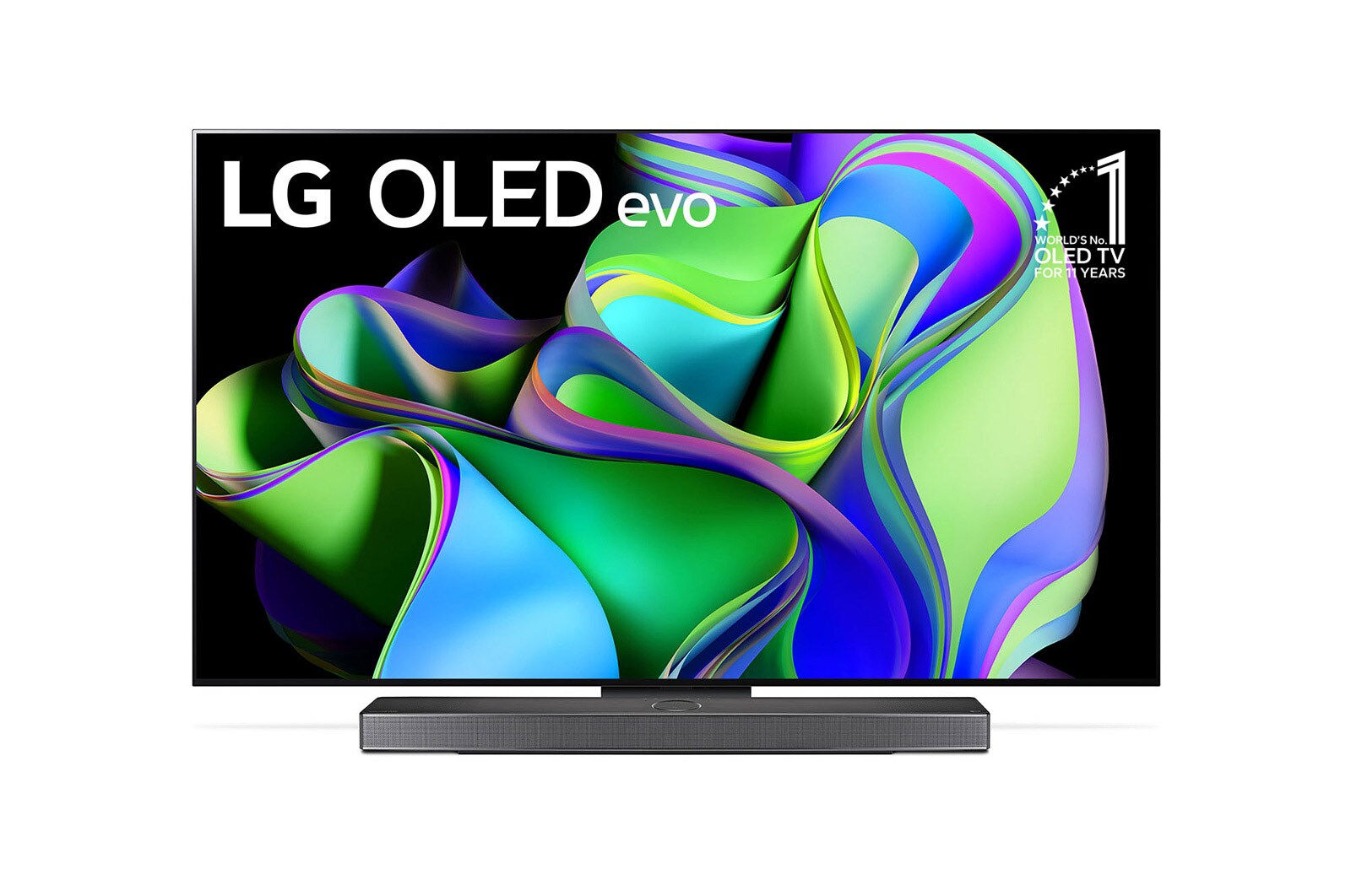 Vorderansicht mit dem LG OLED evo „11 Years World No.1“-OLED-Logo und Logo für 5 Jahre Garantie auf das Display auf dem Bildschirm