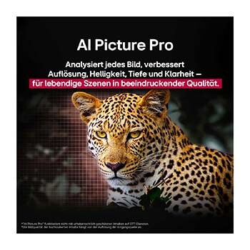Leopard im Wald in lebendigen Farben und Details. Der Leopard hat ein Gitter und ein Licht, das dahinter leuchtet, was anzeigt, wie LG AI Picture Pro beeindruckende visuelle Verbesserungen an der Auflösung, Helligkeit, Tiefe und Klarheit der Szene vorgenommen hat.