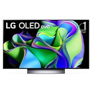Vorderansicht mit dem LG OLED evo „11 Years World No.1“-OLED-Logo und Logo für 5 Jahre Garantie auf das Display auf dem Bildschirm