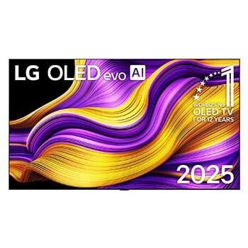 Frontansicht des LG OLED evo AI G5 4K Smart TV. Ein "12 Years of world number 1 OLED" -Emblem und das &quot;LG OLED AI 2025&quot;-Logo sind auf dem Bildschirm zu sehen.