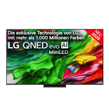 Frontansicht des LG QNED evo QNED86 TV, LG QNED evo Al Logo in der oberen Ecke. LG QNED evo QNED85 TV zeigt farbenfrohe, malerische Texturen, die zusammenkommen.