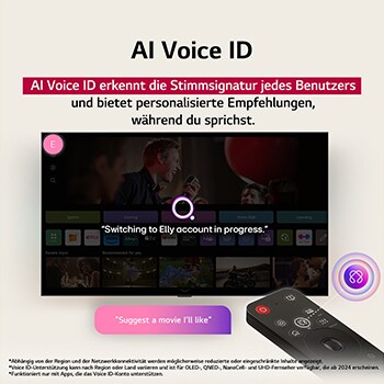 LG TV-Bildschirm mit einer AI Magic Remote im Vordergrund. Die KI-Schaltfläche ist hervorgehoben und eine Sprechblase zeigt den Text „Schlage einen Film vor, der mir gefällt“. Auf dem Bildschirm sehen wir das Benutzersymbol E, das anzeigt, dass AI Voice ID in der Lage war, den Benutzer zu identifizieren und personalisierte Empfehlungen allein auf der Grundlage seiner Stimme zu geben.