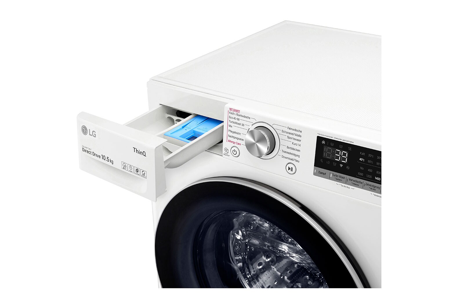 LG Waschmaschine mit AI DD® | 10,5 kg | Energieeffizienzklasse A | 1.400 U./Min. | Steam | TurboWash® 360° | Wi-Fi-Funktion, F4WV710P1E