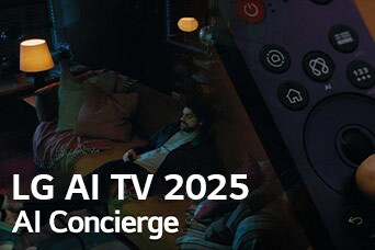 On voit le titre, LG AI TV 2025, Al Concierge. La télécommande Magic Remote LG Al est visible. Un homme est assis sur le canapé.