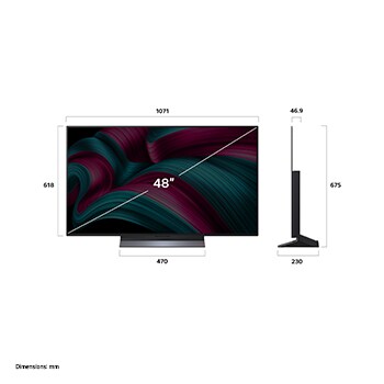 Vue avant et latérale de la Smart TV LG OLED evo AI C5 4K montrant ses dimensions de longueur, largeur, hauteur et profondeur.