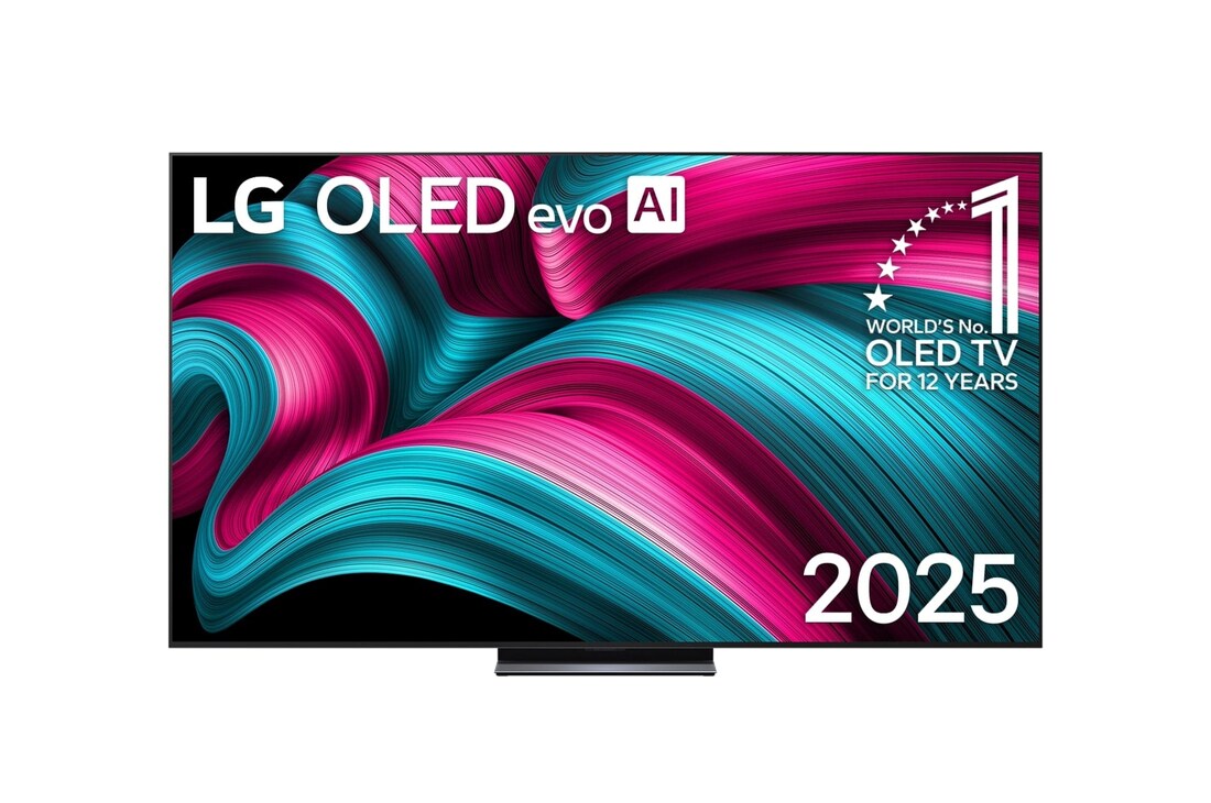 Vue avant de la Smart TV LG OLED evo AI C5 4K. L’emblème OLED numéro 1 dans le monde pendant 12 ans et le logo LG OLED evo AI 2025 sont à l’écran.
