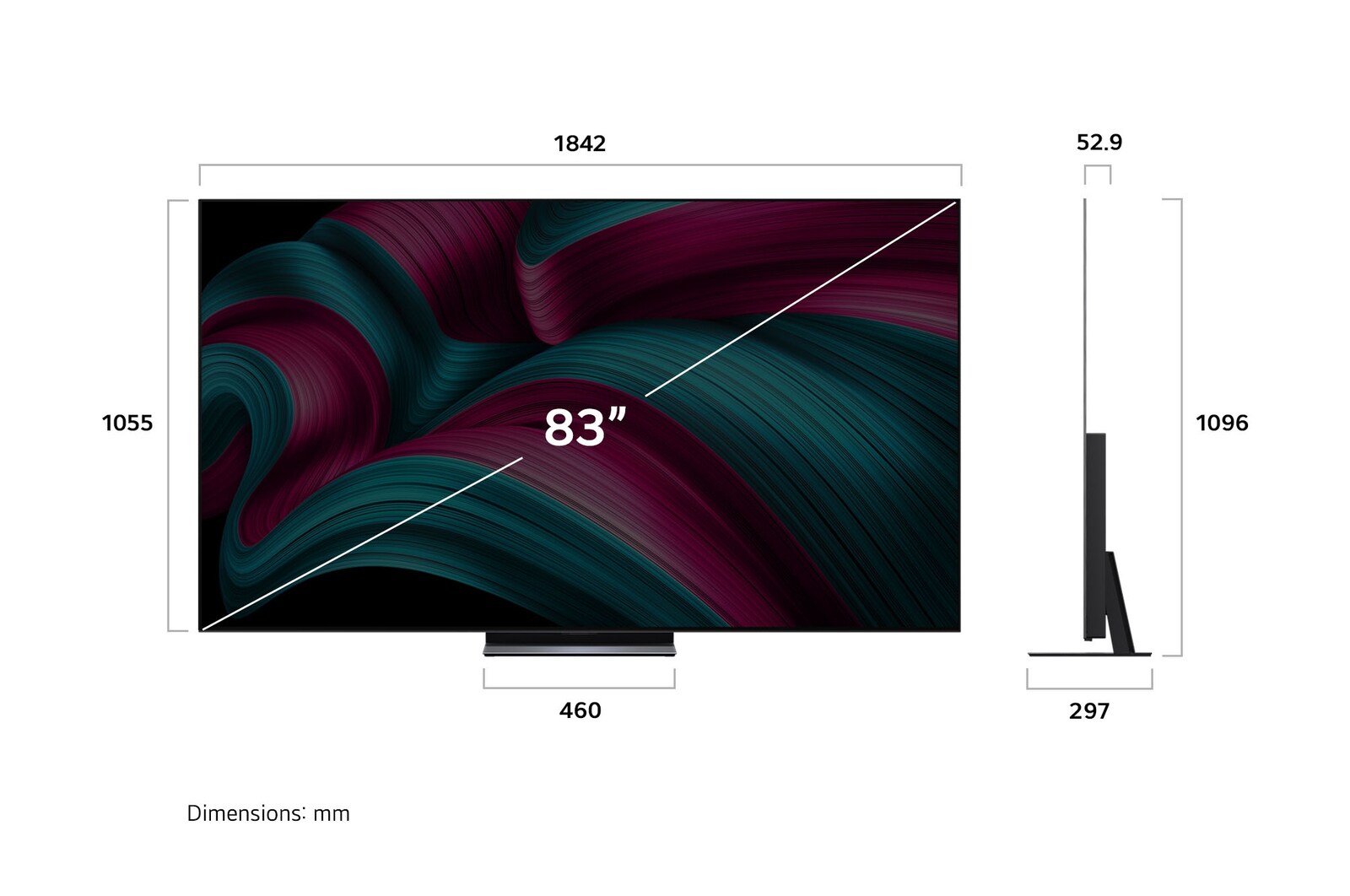 Vue avant et latérale de la Smart TV LG OLED evo AI C5 4K montrant ses dimensions de longueur, largeur, hauteur et profondeur.