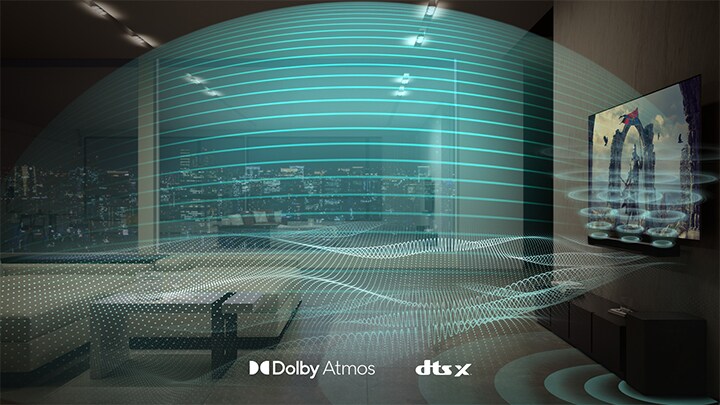 Des ondes sonores bleues de différentes formes sont diffusées par la barre de son et le téléviseur dans tout le salon.