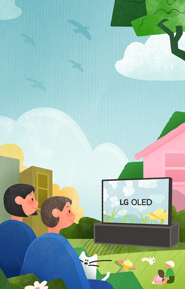 Une illustration représentant des personnes en train de regarder LG OLED dans un espace vert naturel avec des fleurs, des oiseaux et l’océan.