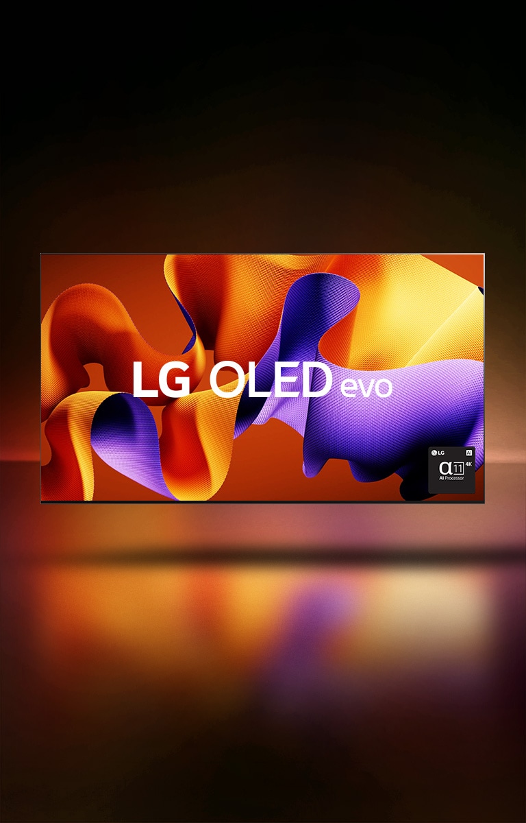 Une vidéo commence avec un OLED auto-éclairé de 2013 et présente d’autres modèles innovants LG OLED : le téléviseur Papier peint de 2017, le téléviseur LG OLED R enroulable de 2020, le téléviseur LG OLED Posé de 2022 et se termine avec le téléviseur LG OLED evo de 2024, qui affiche une œuvre d’art abstraite violette et orange, le texte &quot;LG OLED evo&quot; et le logo du processeur IA alpha 11. Les couleurs se reflètent depuis l’écran vers le sol.