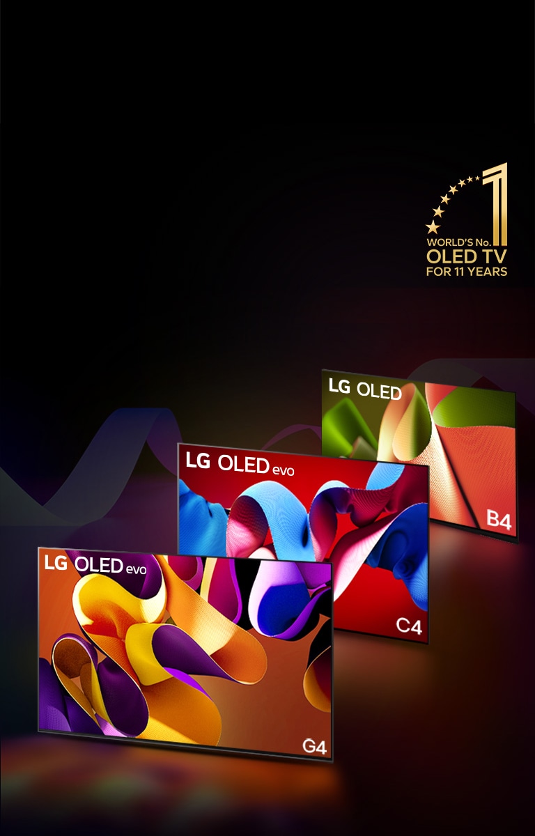 PC: LG OLED evo G4, LG OLED evo C4 und LG OLED B4 in einer Reihe, die jeweils ein andersfarbiges abstraktes Kunstwerk auf dem Bildschirm zeigen. Licht strahlt von jedem Fernseher auf den Boden. Ein goldenes Emblem des Nummer 1 weltweit OLED TV für 11 Jahre in der oberen rechten Ecke.  MO: LG OLED evo G4, LG OLED evo C4 und LG OLED B4 in einer Reihe, die jeweils ein andersfarbiges abstraktes Kunstwerk auf dem Bildschirm zeigen. Licht strahlt von jedem Fernseher auf den Boden. Ein goldenes Emblem des Nummer 1 weltweit OLED TV für 11 Jahre in der oberen rechten Ecke.