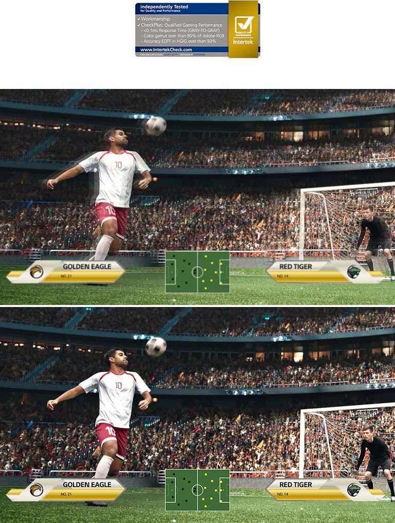 Un écran classique et un écran à temps de réponse rapide montrent tous deux la même image d’un match de football. L’écran bénéficiant d’un temps de réponse de 0,1 ms est nettement plus fluide et réaliste.