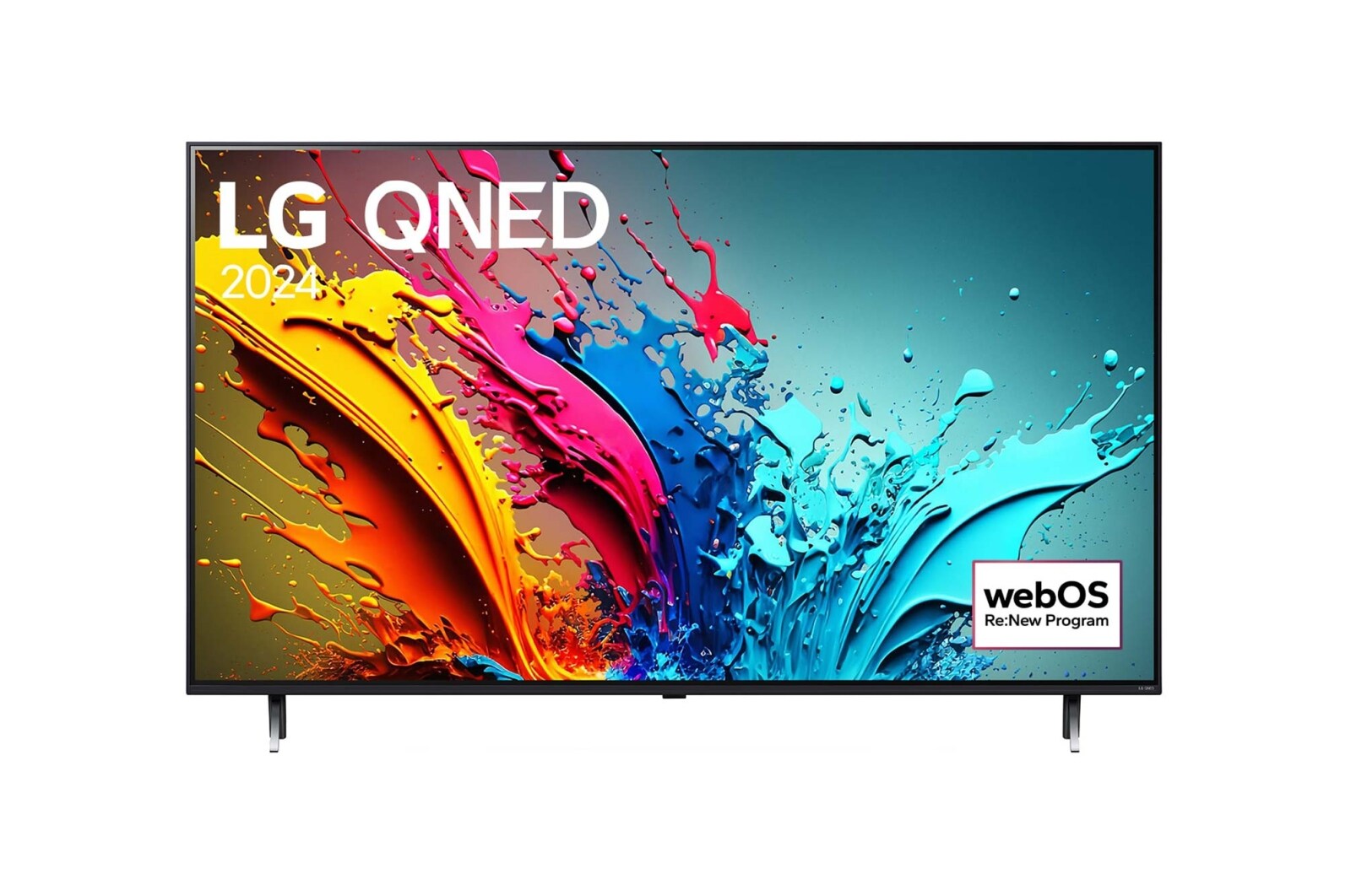 Vue de face du téléviseur LG QNED, QNED85 avec le texte LG QNED, 2024, et le logo webOS Re:New Program à l’écran.