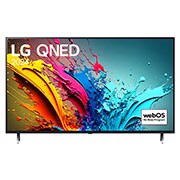 Vue de face du téléviseur LG QNED, QNED85 avec le texte LG QNED, 2024, et le logo webOS Re:New Program à l’écran.