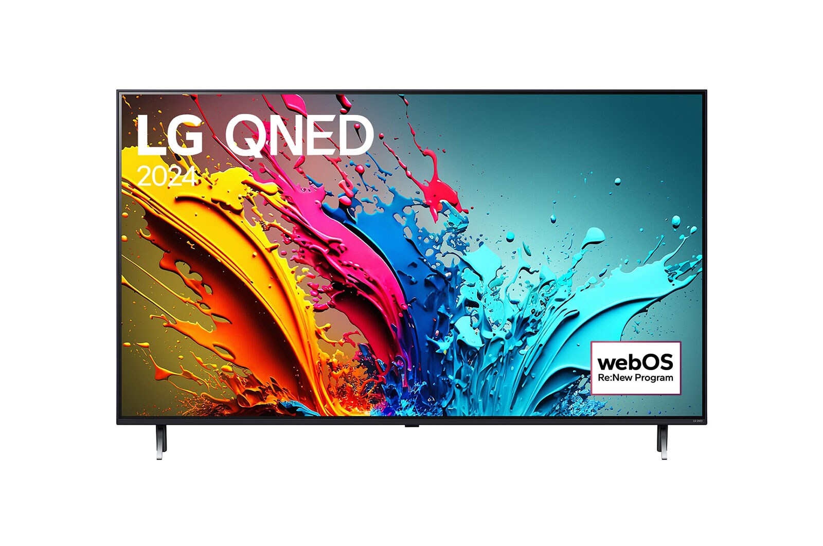 Vue de face du téléviseur LG QNED, QNED85 avec le texte LG QNED, 2024, et le logo webOS Re:New Program à l’écran.