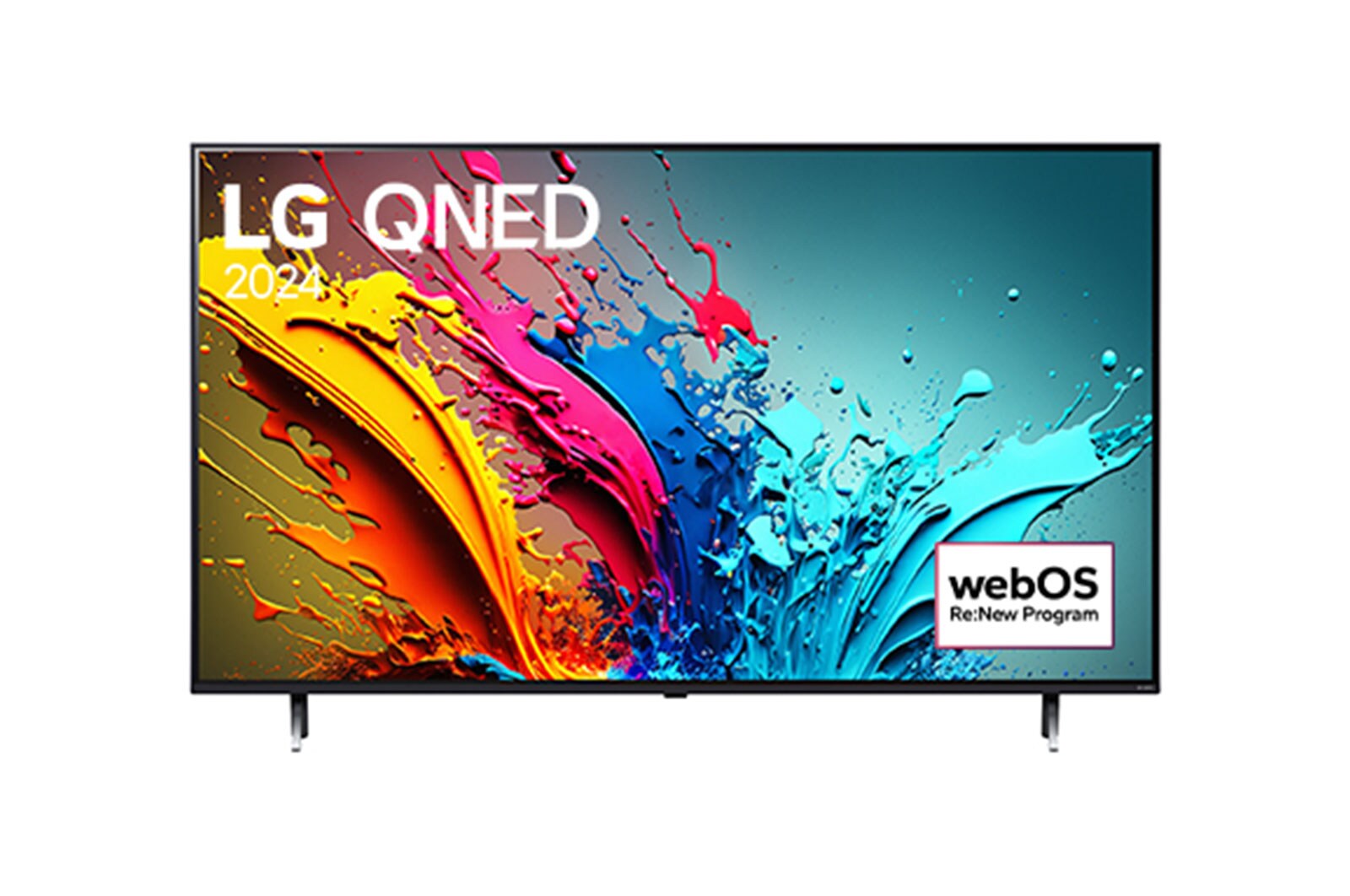 Vue de face du téléviseur LG QNED, QNED85 avec le texte LG QNED, 2024, et le logo webOS Re:New Program à l’écran.