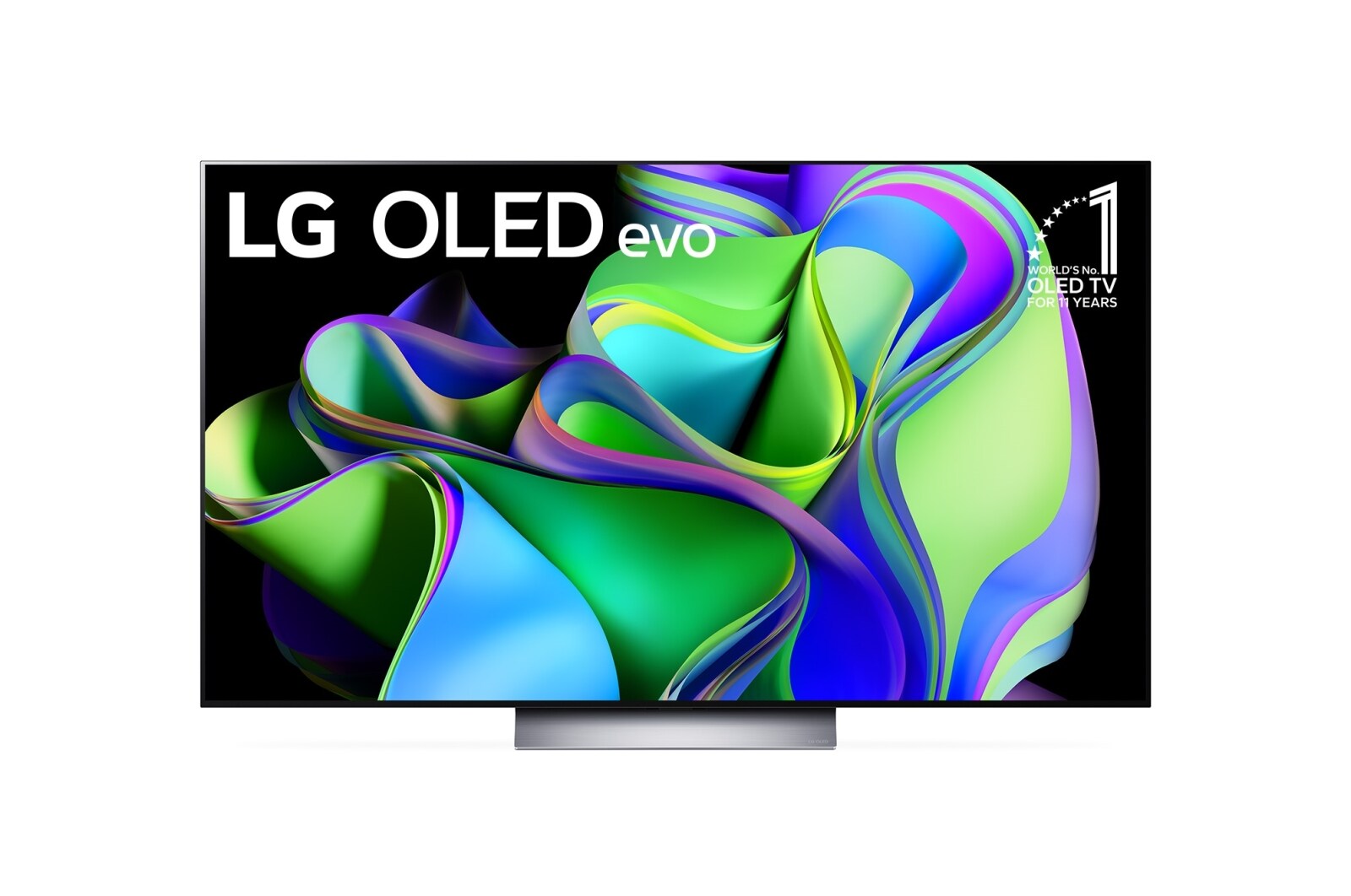 Vue avant du LG OLED avec l’emblème 10 Years World No.1 OLED affiché à l’écran.
