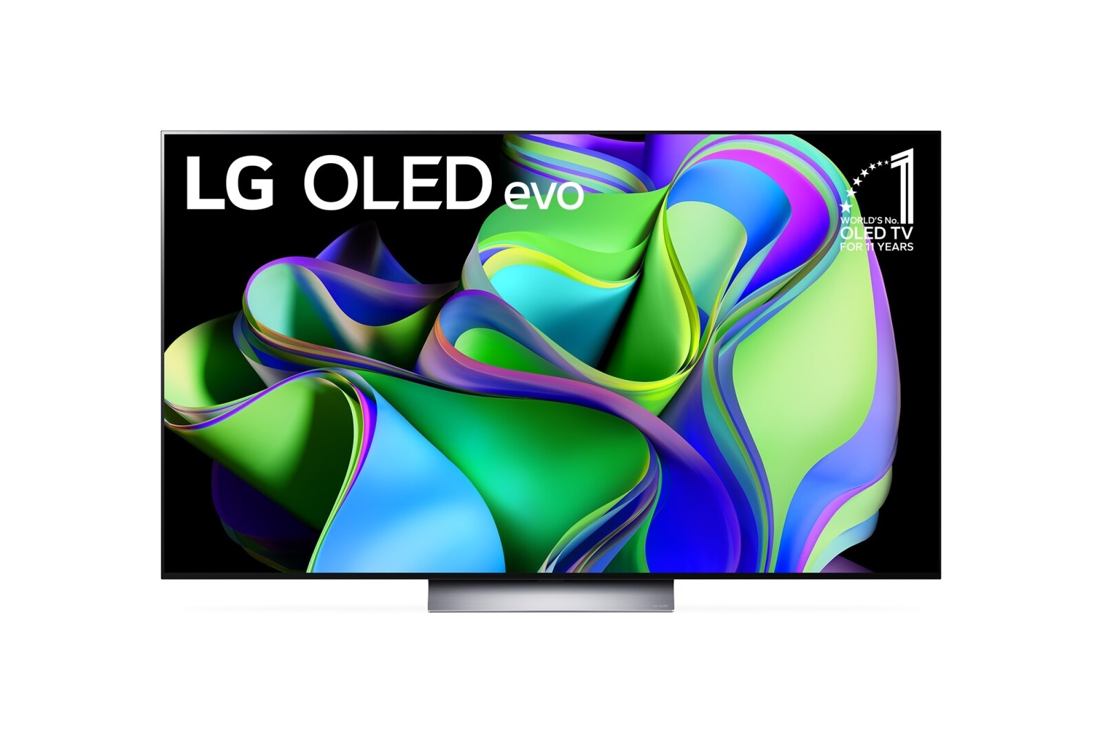 Vue avant du LG OLED avec l’emblème 10 Years World No.1 OLED affiché à l’écran.