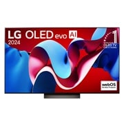 Vue de face d’un téléviseur AI LG OLED evo, OLED C4, logo OLED 11 ans numéro 1 mondial et logo webOS Re:New Program sur l’écran, incluant également la Barre de son au-dessous