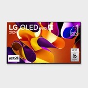 Vue de face d’un téléviseur LG OLED evo, OLED G4, logo OLED 11 ans numéro 1 mondial et logo 5 ans de garantie sur l’écran, incluant également la Barre de son au-dessous